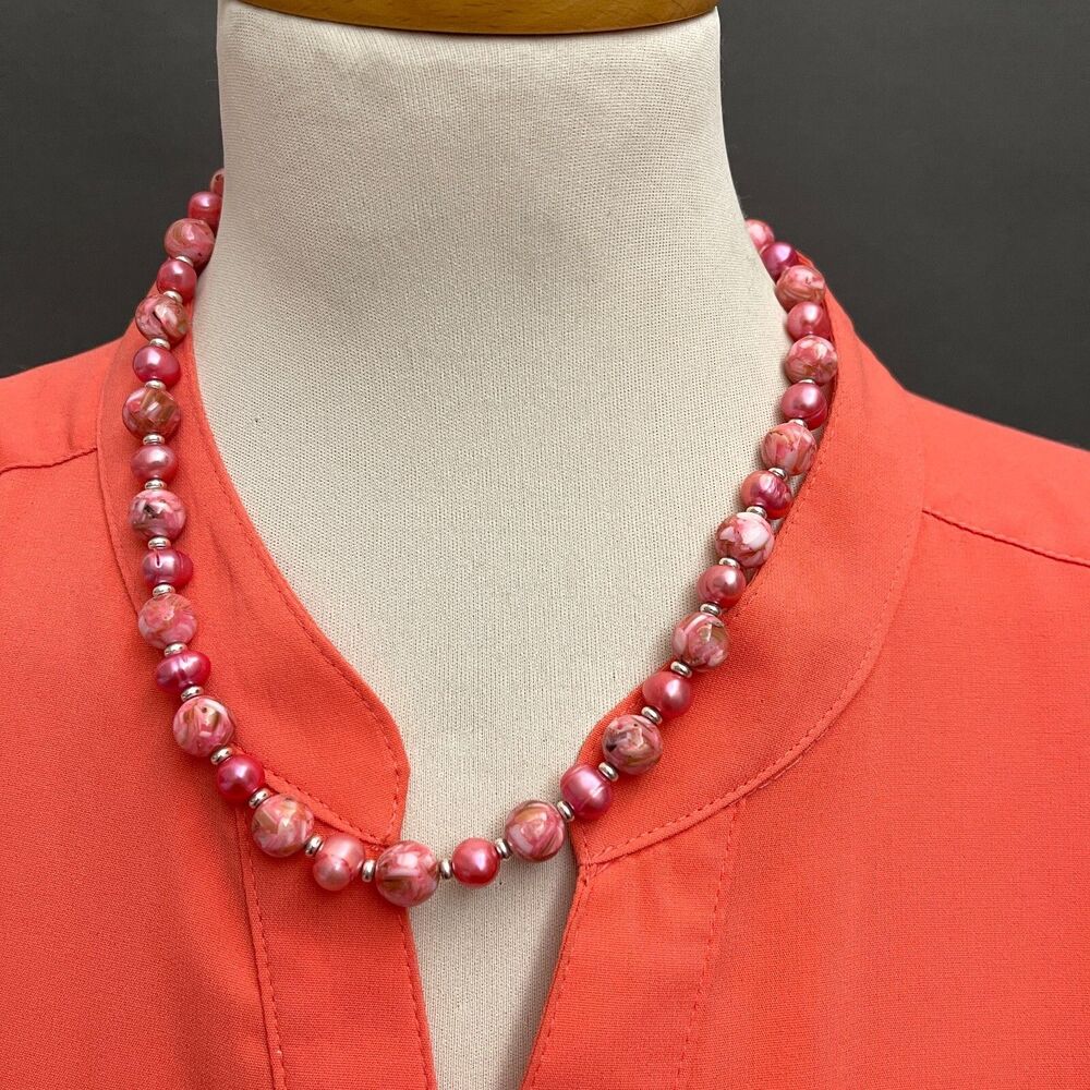 Pink White Silver-tone Beads Beaded Women's Fashion Necklace